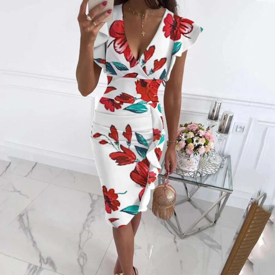 Robe Fleuri Col en V Ajusté Pour Femme | Midi