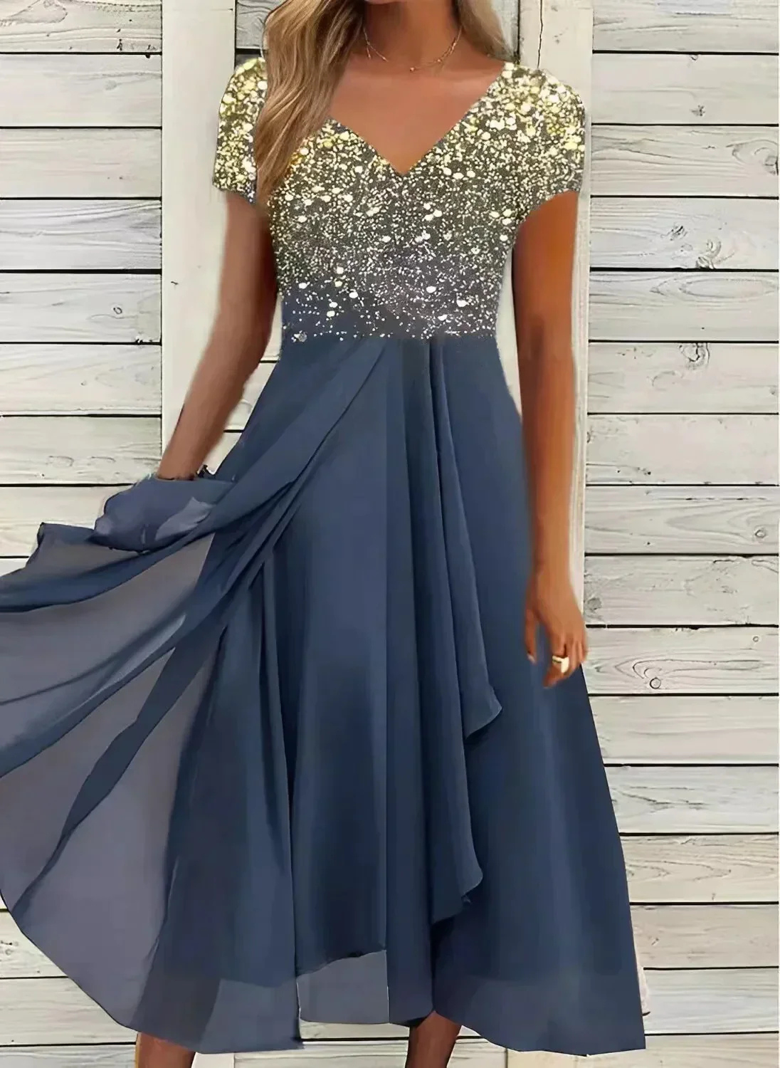 Robe Col en V Plissé  Pour Femme | Midi