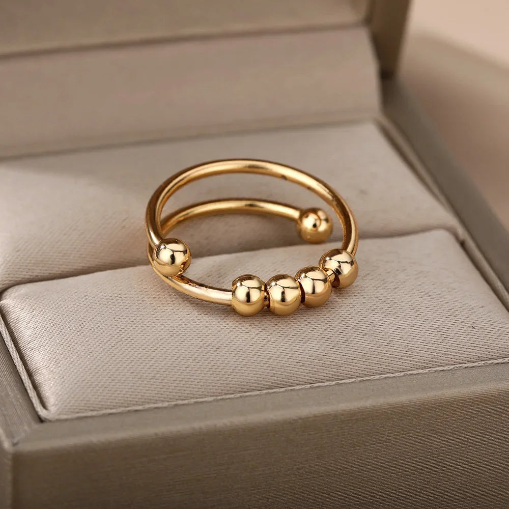 Bague Spinner Perles Anti-Stress Ouverte Réglable Acier Inoxydable Femme