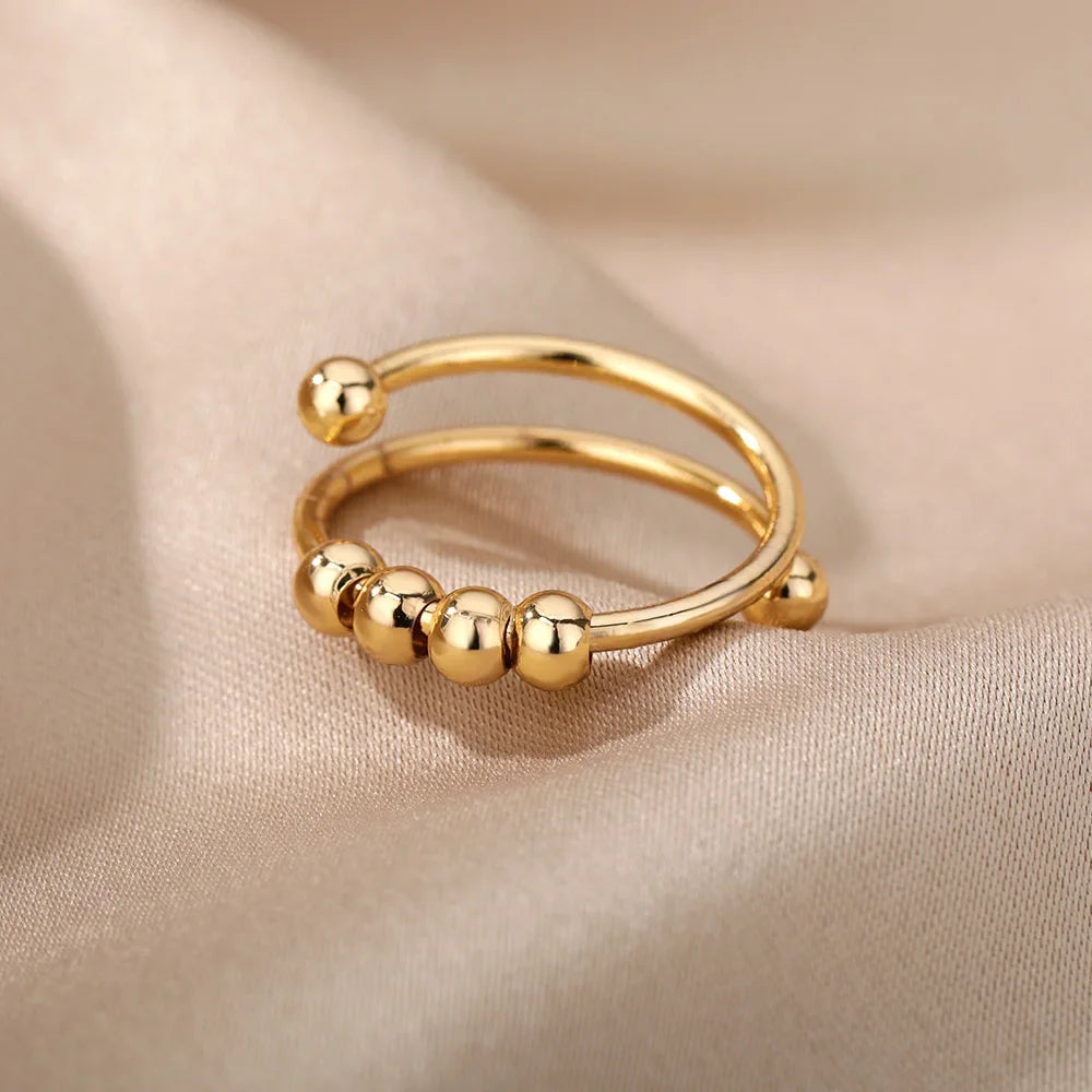 Bague Spinner Perles Anti-Stress Ouverte Réglable Acier Inoxydable Femme