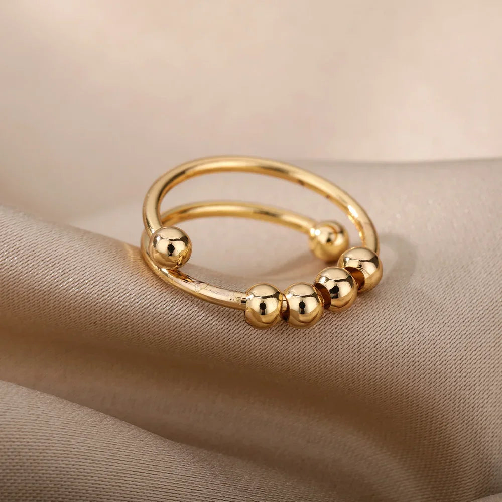 Bague Spinner Perles Anti-Stress Ouverte Réglable Acier Inoxydable Femme