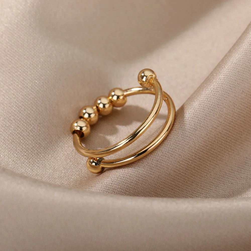 Bague Spinner Perles Anti-Stress Ouverte Réglable Acier Inoxydable Femme