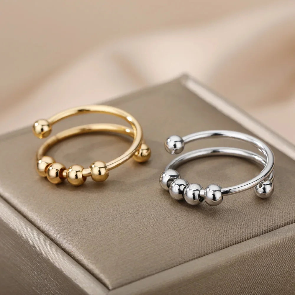Bague Spinner Perles Anti-Stress Ouverte Réglable Acier Inoxydable Femme