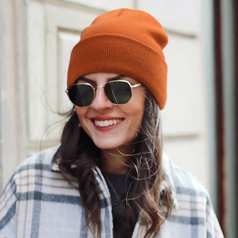 Bonnet Côtelé à Revers Unisexe en Acrylique pour Automne Hiver