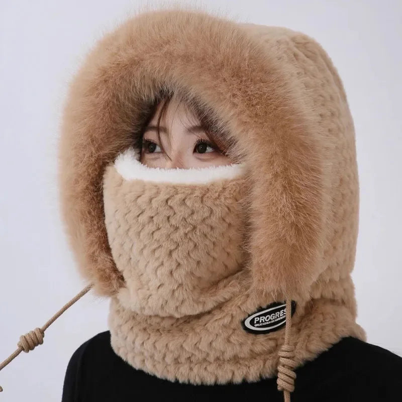 Bonnet Thermique en Peluche Avec Écharpe et Masque Intégrés