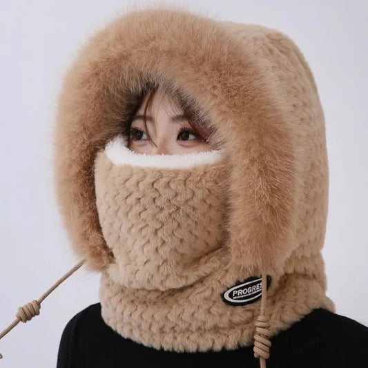 Bonnet Thermique en Peluche Avec Écharpe et Masque Intégrés