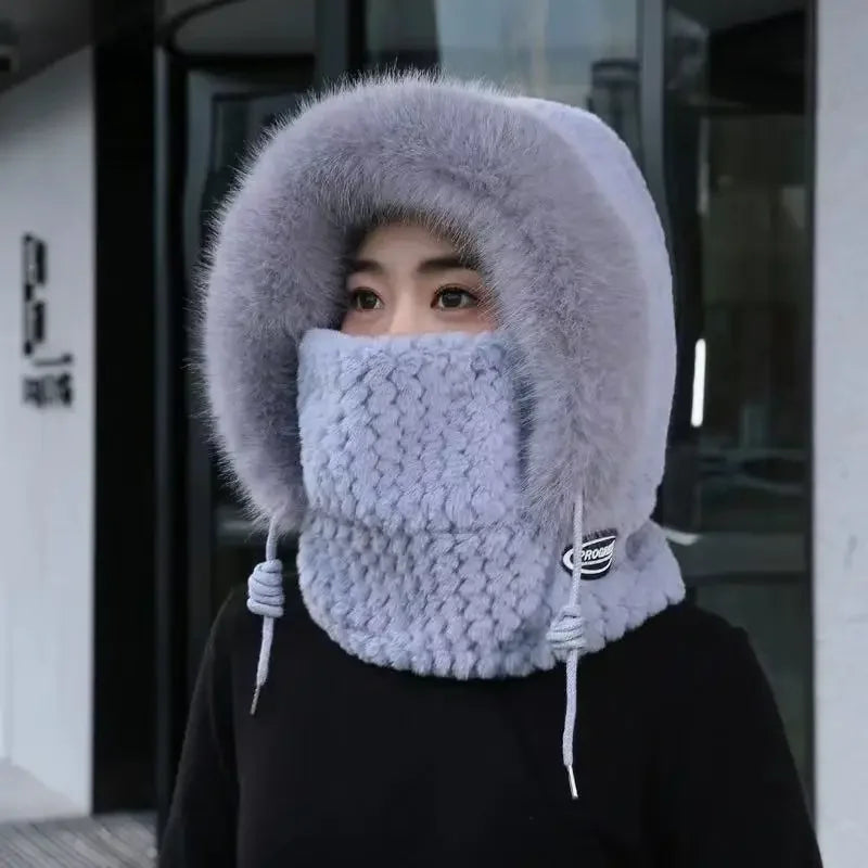Bonnet Thermique en Peluche Avec Écharpe et Masque Intégrés