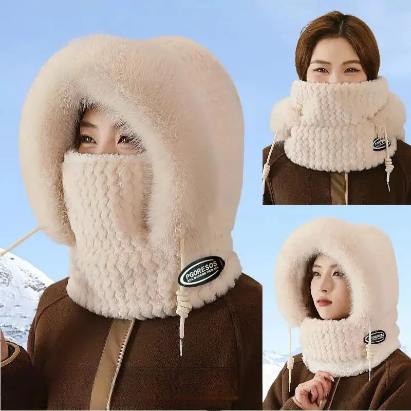 Bonnet Thermique en Peluche Avec Écharpe et Masque Intégrés