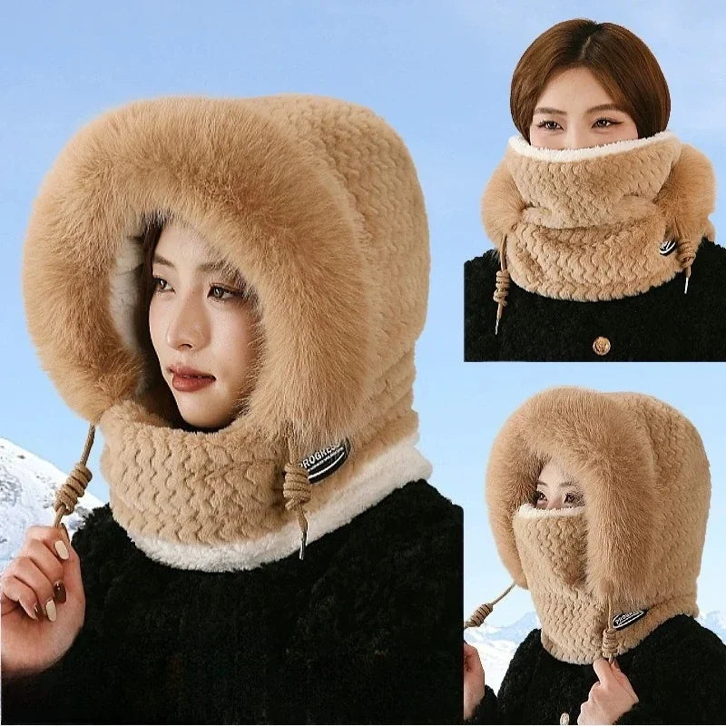 Bonnet Thermique en Peluche Avec Écharpe et Masque Intégrés