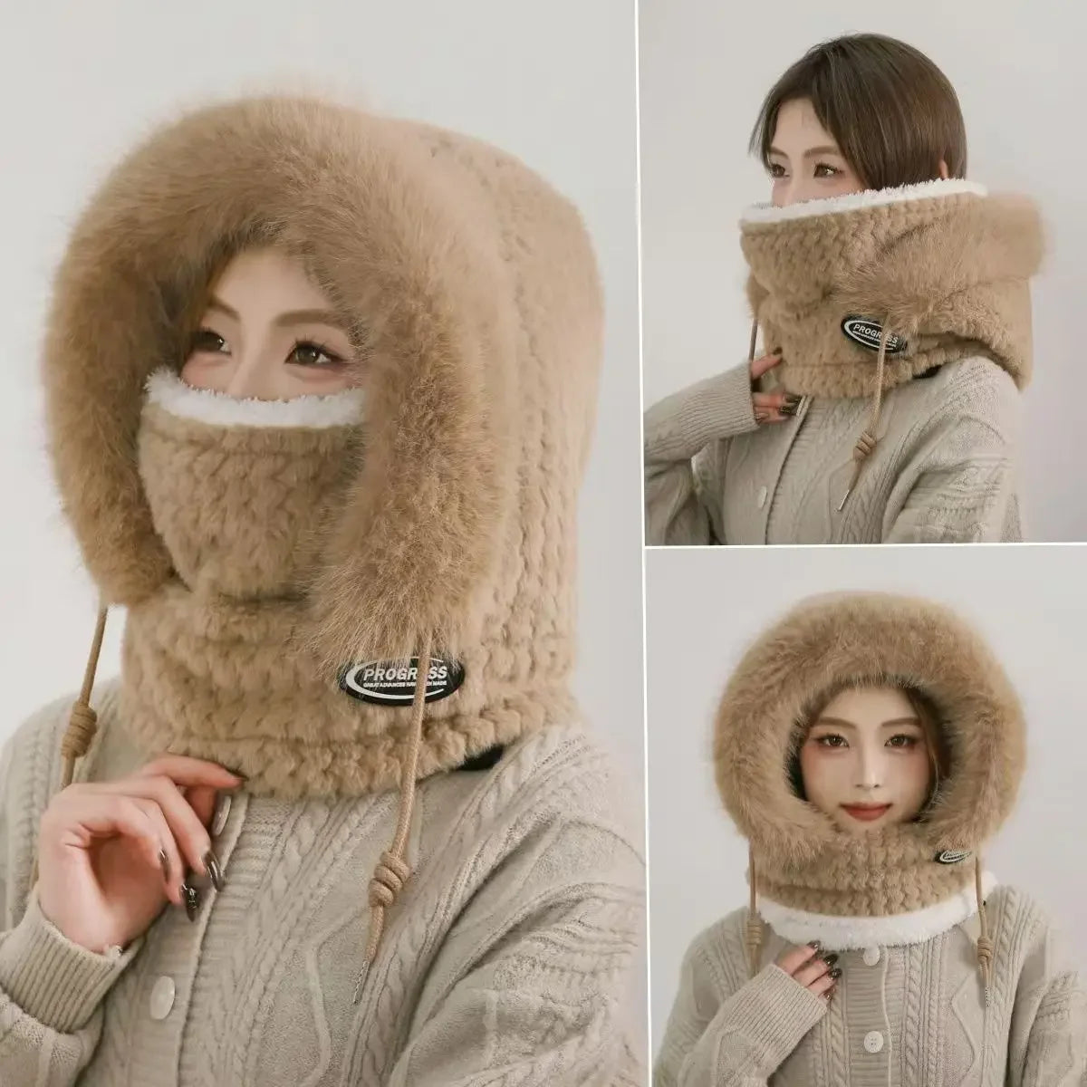 Bonnet Thermique en Peluche Avec Écharpe et Masque Intégrés