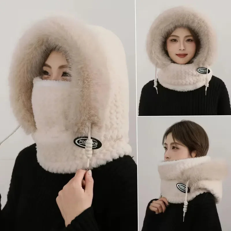 Bonnet Thermique en Peluche Avec Écharpe et Masque Intégrés