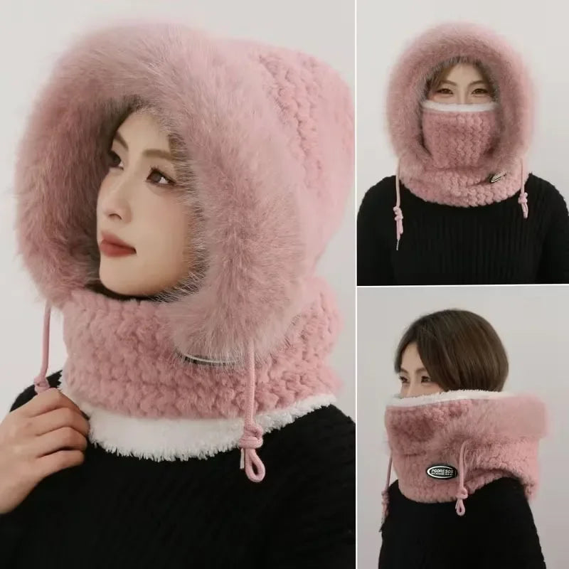 Bonnet Thermique en Peluche Avec Écharpe et Masque Intégrés