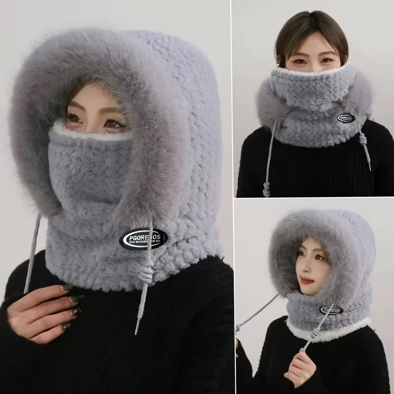 Bonnet Thermique en Peluche Avec Écharpe et Masque Intégrés