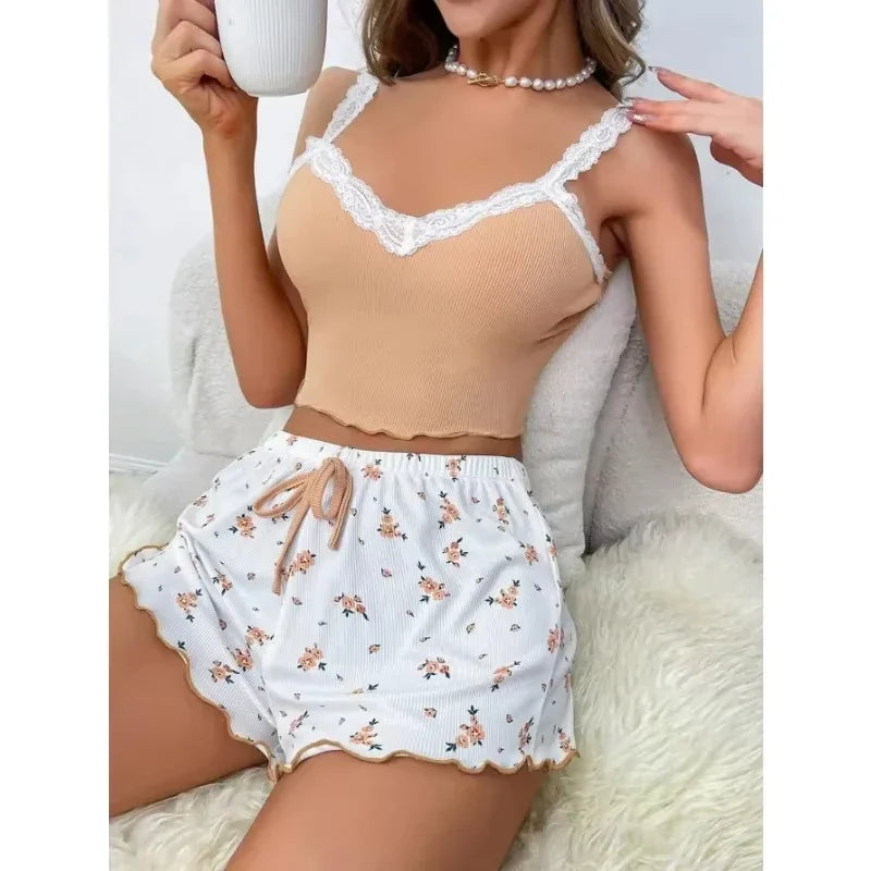Ensemble Pyjama 2 Pièces Femme Col en V Dentelle Polyester