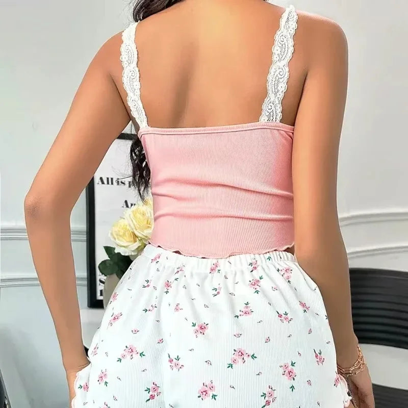 Ensemble Pyjama 2 Pièces Femme Col en V Dentelle Polyester