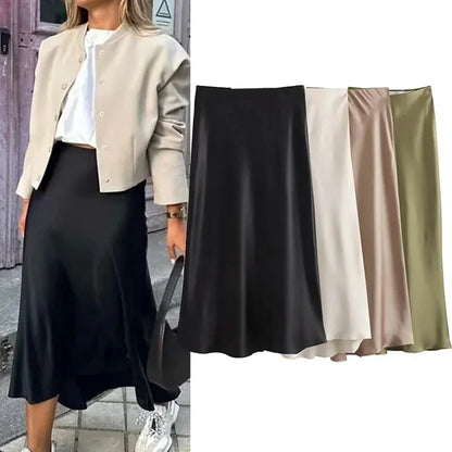 Jupe Midi en Satin Taille Haute Élégante pour Femme