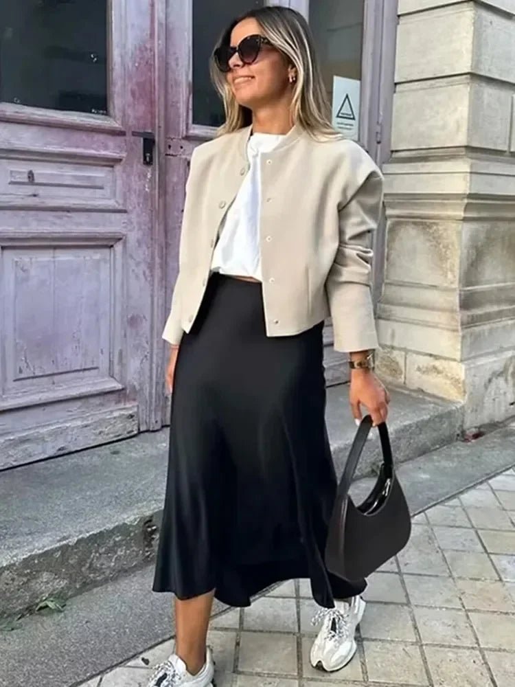 Jupe Midi en Satin Taille Haute Élégante pour Femme