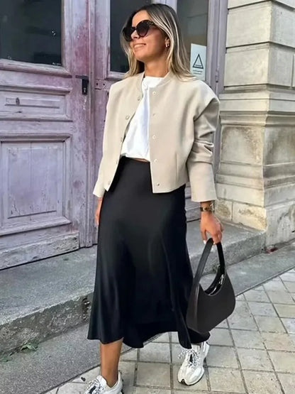 Jupe Midi en Satin Taille Haute Élégante pour Femme