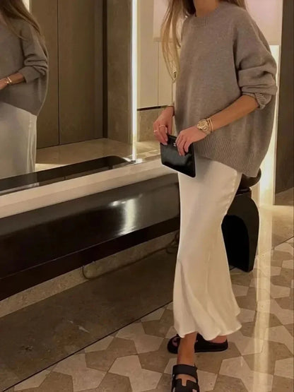 Jupe Midi en Satin Taille Haute Élégante pour Femme