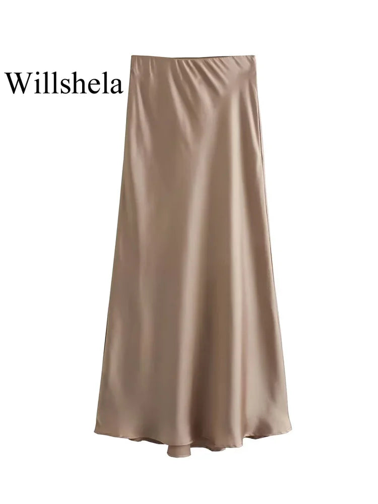 Jupe Midi en Satin Taille Haute Élégante pour Femme
