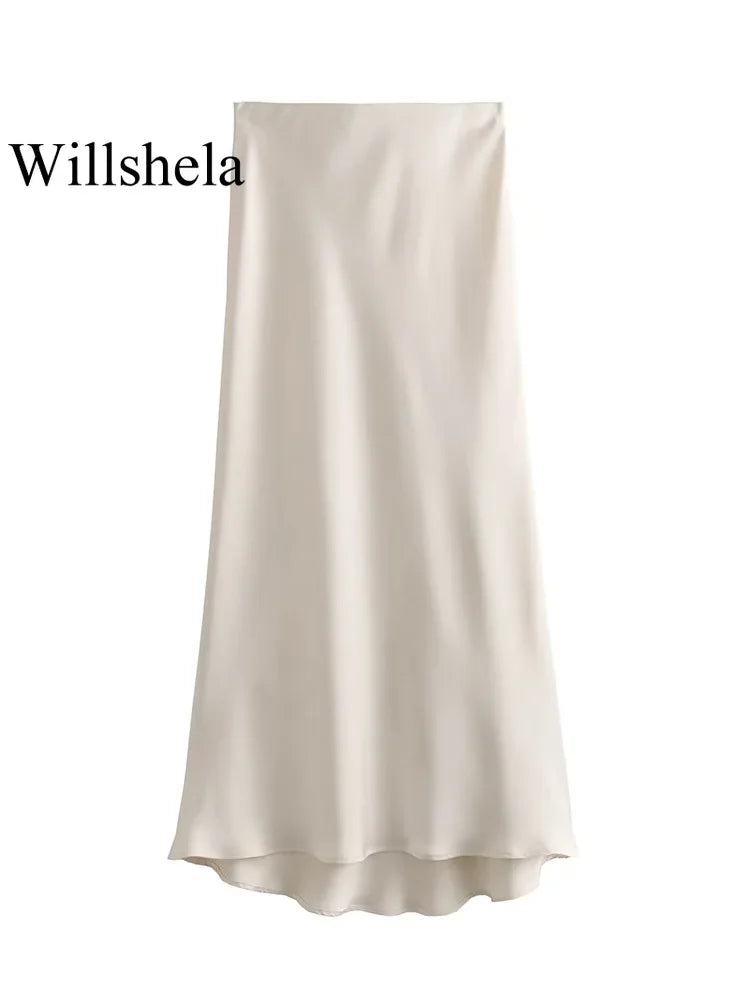 Jupe Midi en Satin Taille Haute Élégante pour Femme