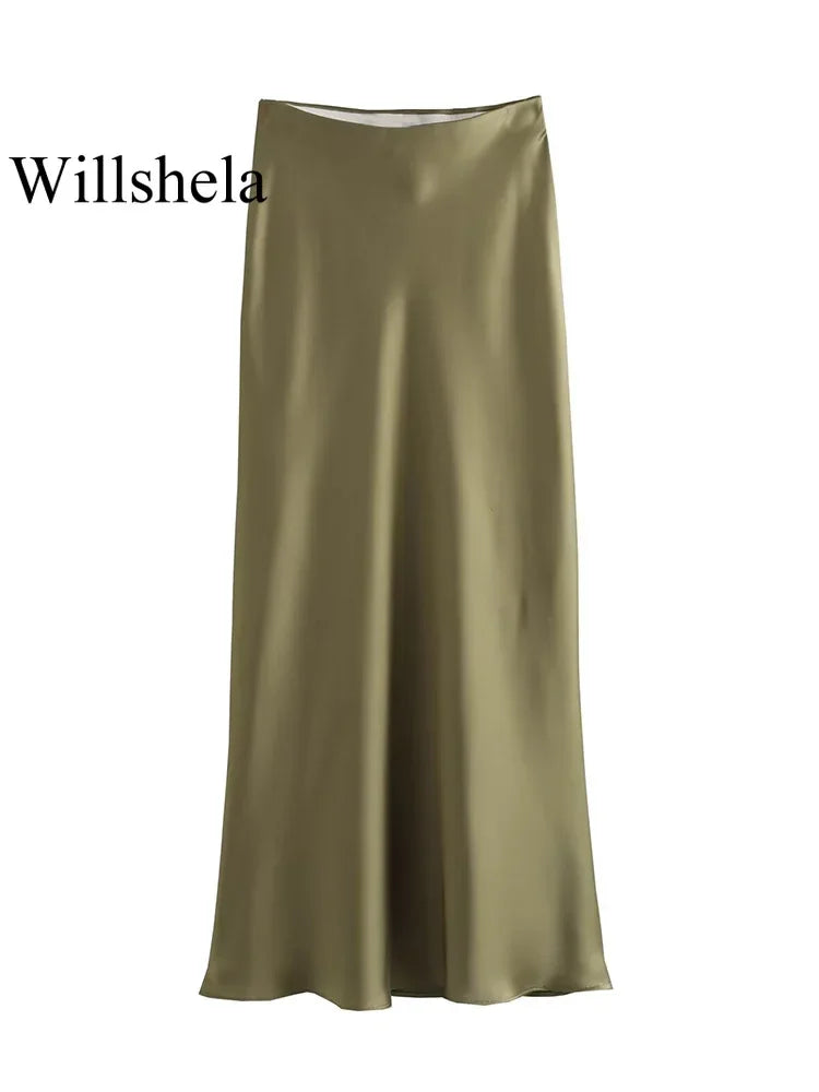 Jupe Midi en Satin Taille Haute Élégante pour Femme