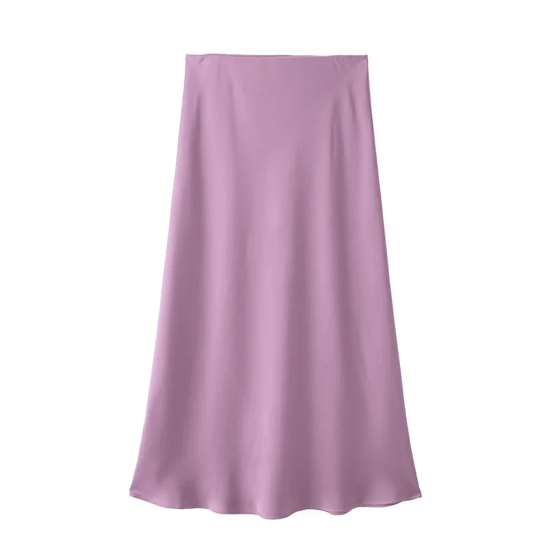 Jupe Midi en Satin Taille Haute Élégante pour Femme