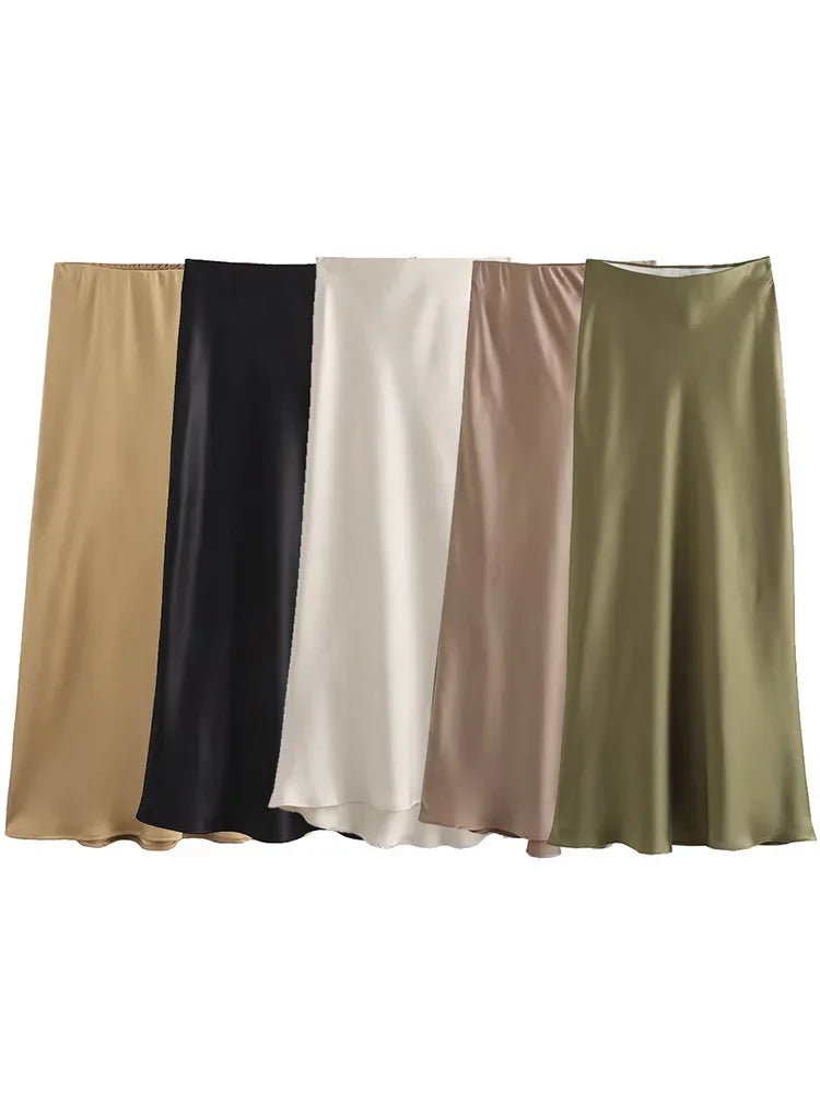 Jupe Midi en Satin Taille Haute Élégante pour Femme