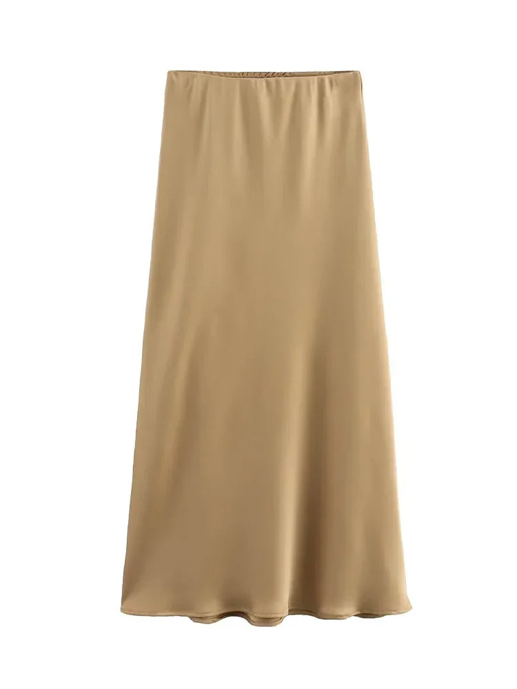 Jupe Midi en Satin Taille Haute Élégante pour Femme