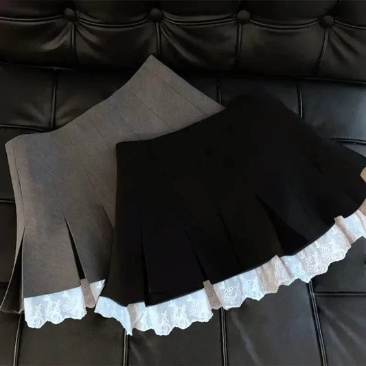 Jupe Trapèze Plissée en Dentelle à Volants Polyester Léger