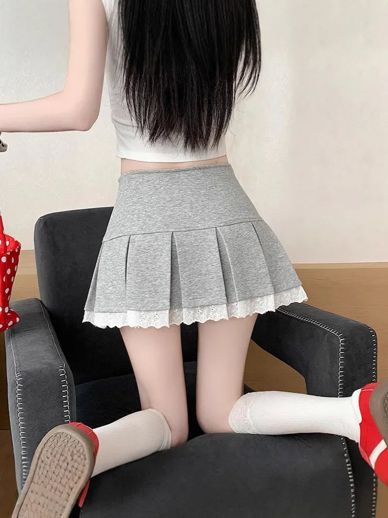 Jupe Trapèze Plissée en Dentelle à Volants Polyester Léger