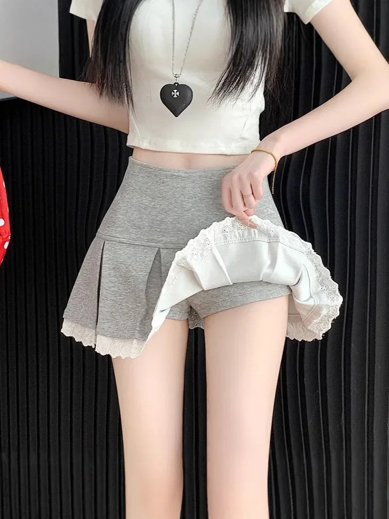 Jupe Trapèze Plissée en Dentelle à Volants Polyester Léger