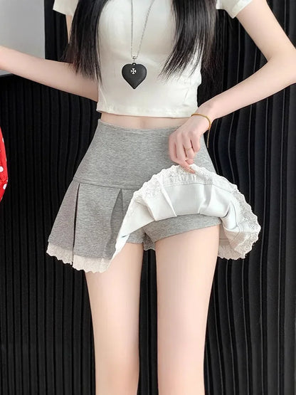 Jupe Trapèze Plissée en Dentelle à Volants Polyester Léger