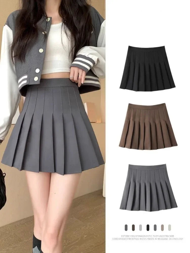Mini Jupe-Short Plissée Taille Haute A-Line Style Preppy Polyester Élasthanne