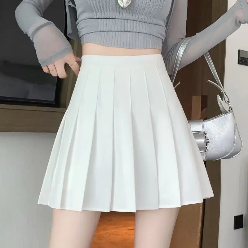 Mini Jupe-Short Plissée Taille Haute A-Line Style Preppy Polyester Élasthanne