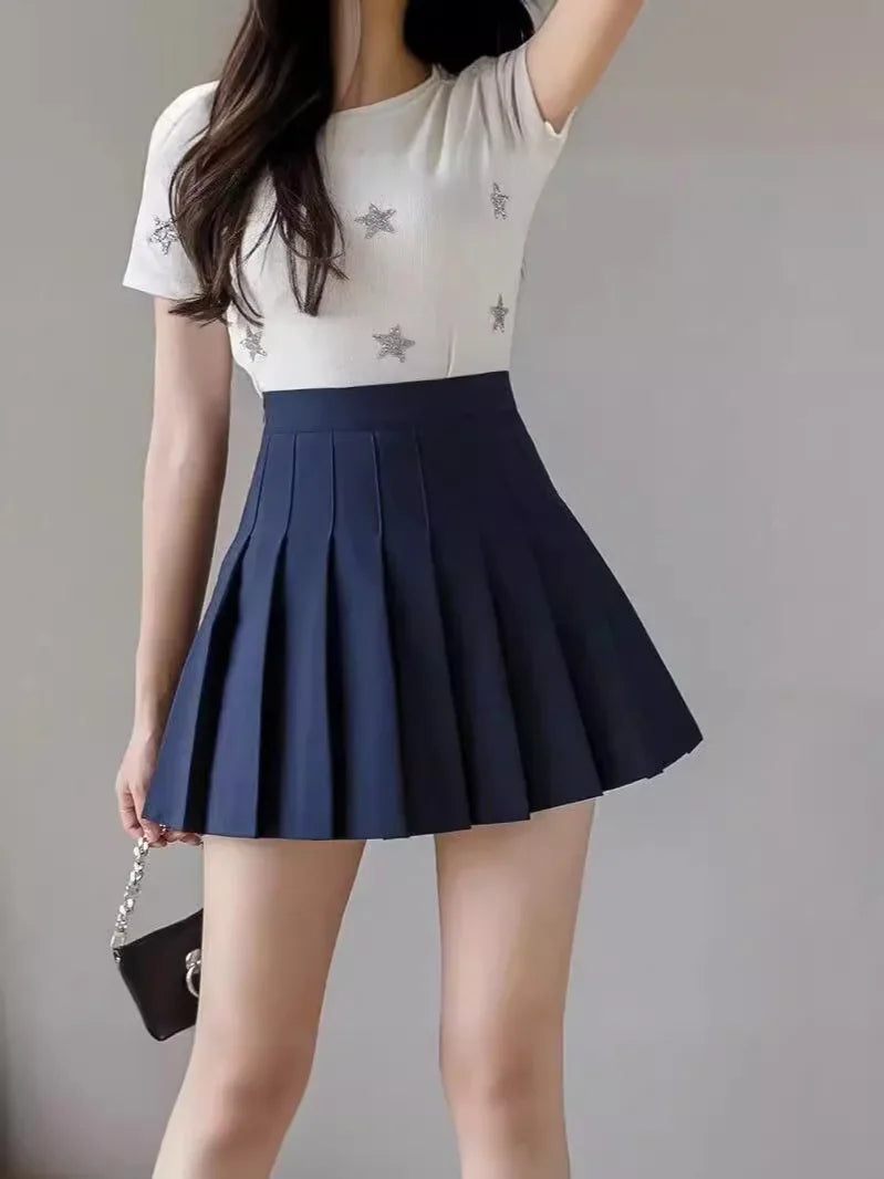 Mini Jupe-Short Plissée Taille Haute A-Line Style Preppy Polyester Élasthanne