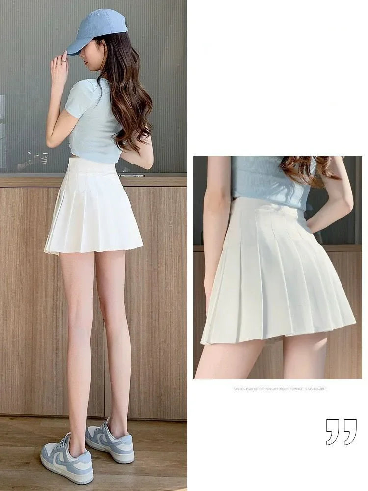 Mini Jupe-Short Plissée Taille Haute A-Line Style Preppy Polyester Élasthanne