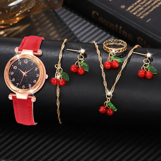 Montre Femme Minimaliste Cadran Quartz Bracelet Cuir Détails Cerise