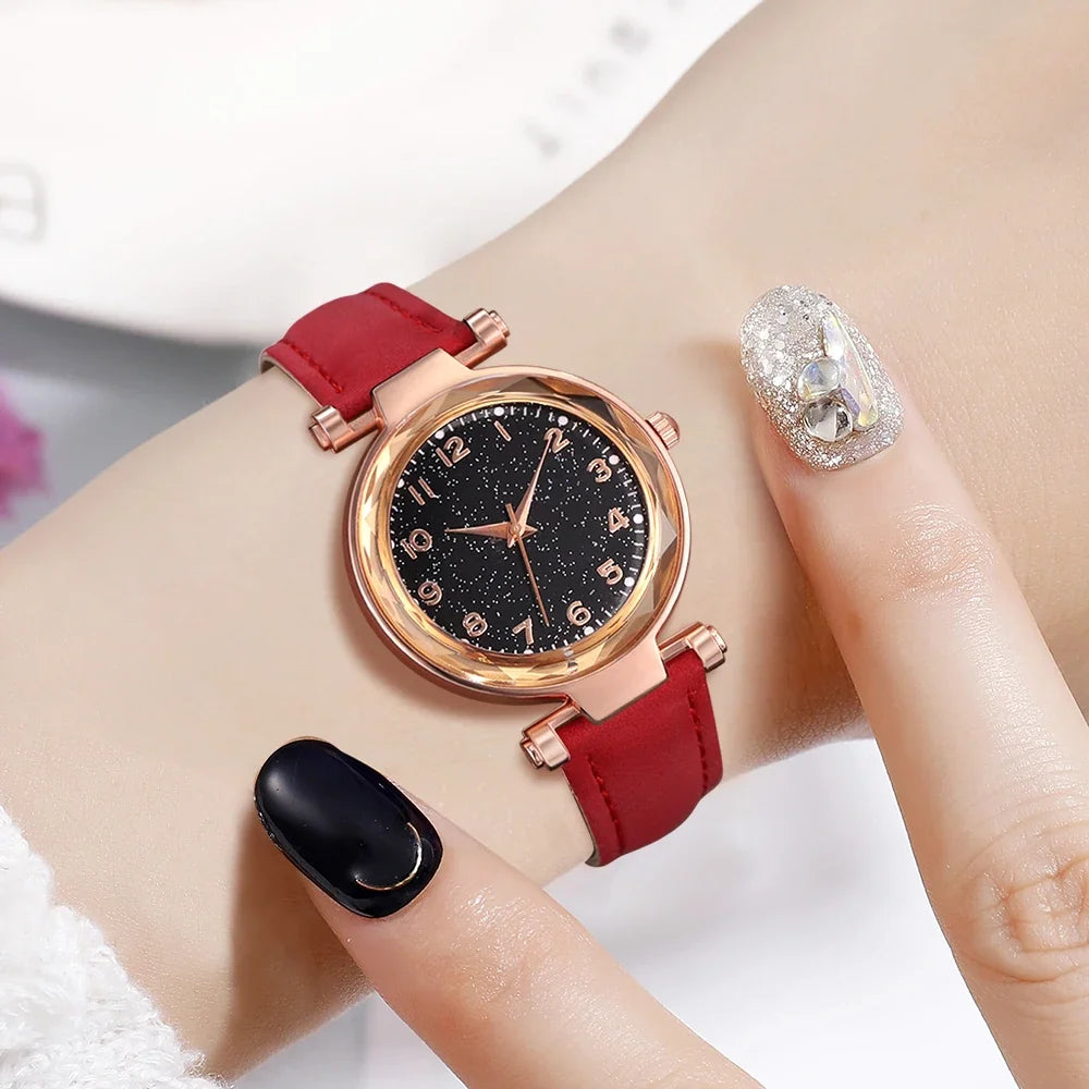 Montre Femme Minimaliste Cadran Quartz Bracelet Cuir Détails Cerise