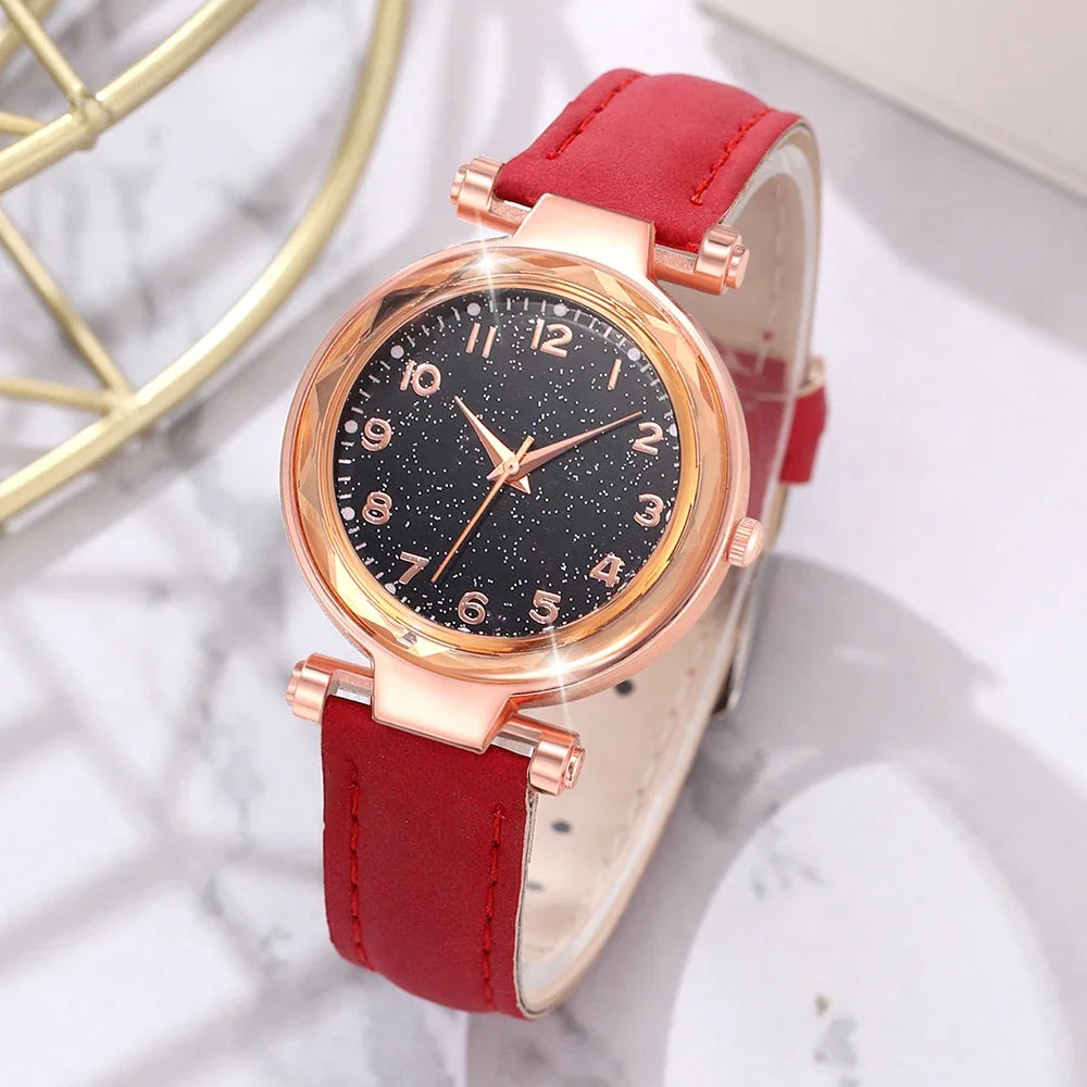 Montre Femme Minimaliste Cadran Quartz Bracelet Cuir Détails Cerise