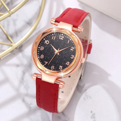 Montre Femme Minimaliste Cadran Quartz Bracelet Cuir Détails Cerise