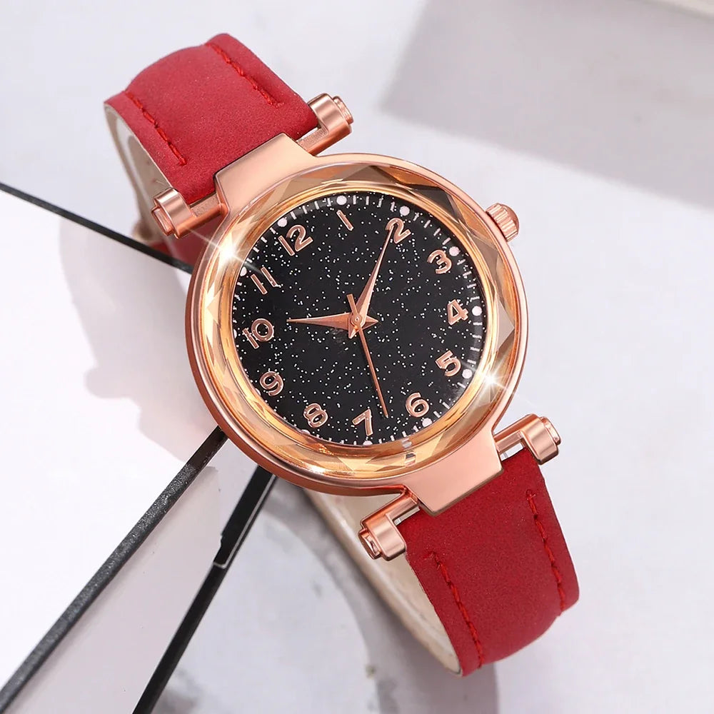 Montre Femme Minimaliste Cadran Quartz Bracelet Cuir Détails Cerise