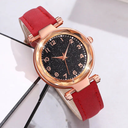 Montre Femme Minimaliste Cadran Quartz Bracelet Cuir Détails Cerise