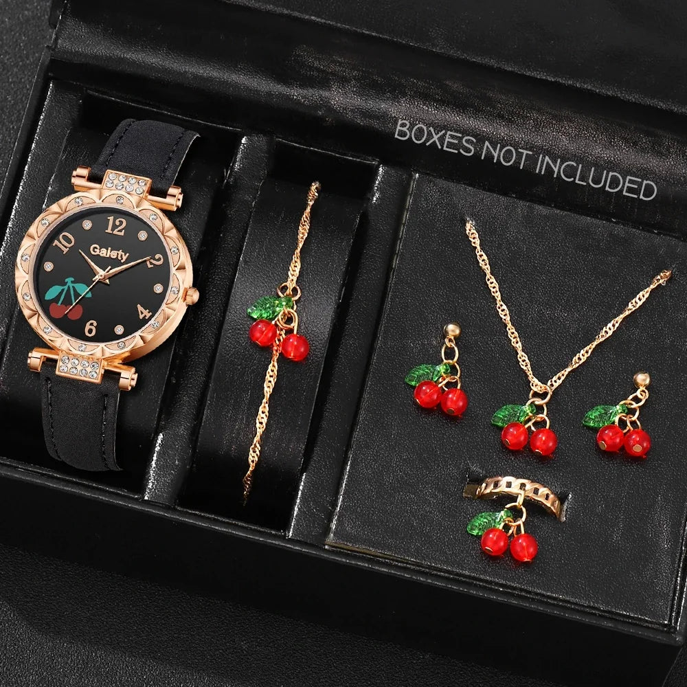 Montre Femme Minimaliste Cadran Quartz Bracelet Cuir Détails Cerise