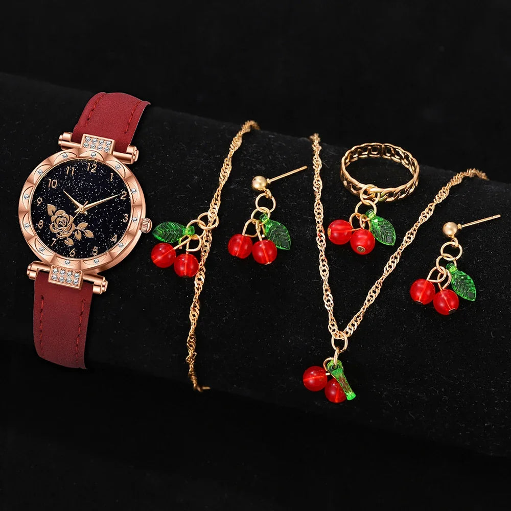 Montre Femme Minimaliste Cadran Quartz Bracelet Cuir Détails Cerise