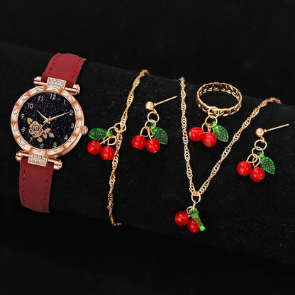 Montre Femme Minimaliste Cadran Quartz Bracelet Cuir Détails Cerise