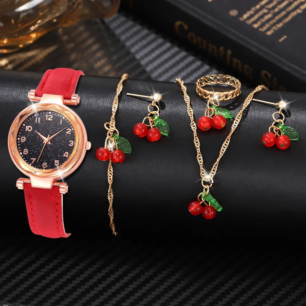 Montre Femme Minimaliste Cadran Quartz Bracelet Cuir Détails Cerise
