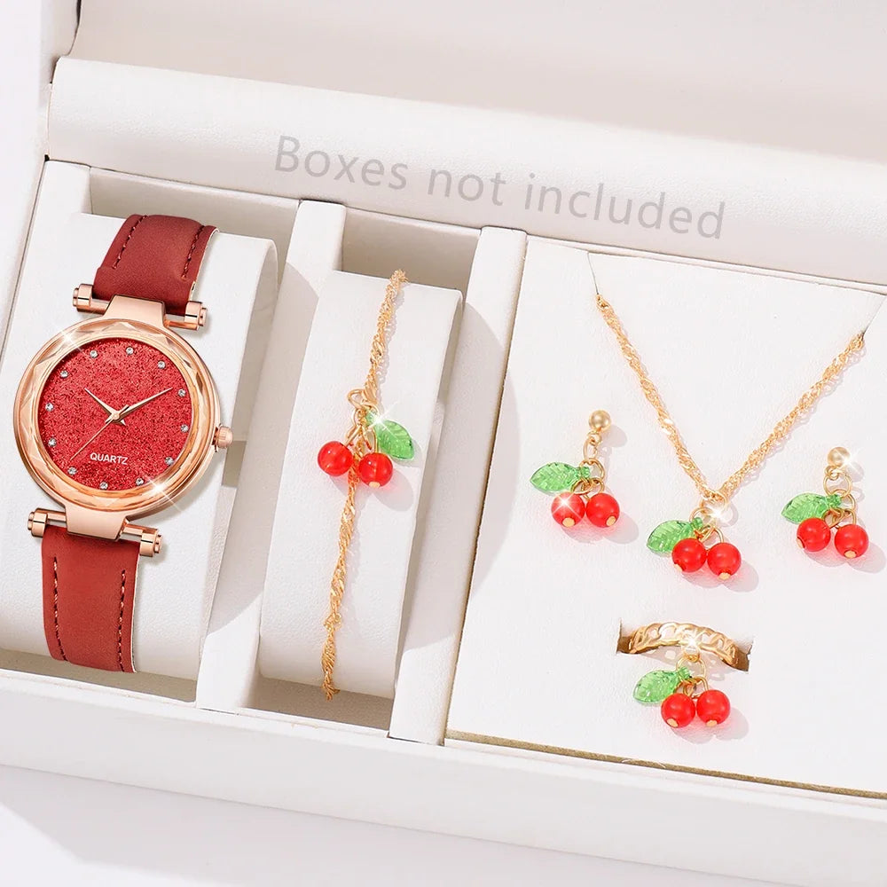 Montre Femme Minimaliste Cadran Quartz Bracelet Cuir Détails Cerise