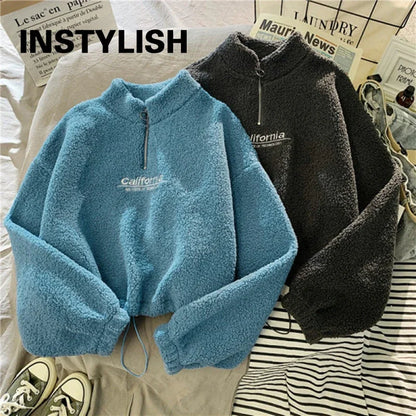 Pull Court en Flanelle Polyester Col Montant Zippé pour Femme