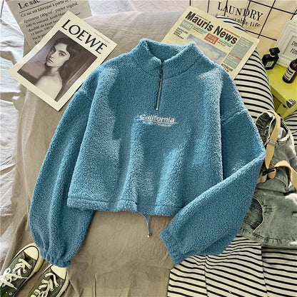 Pull Court en Flanelle Polyester Col Montant Zippé pour Femme